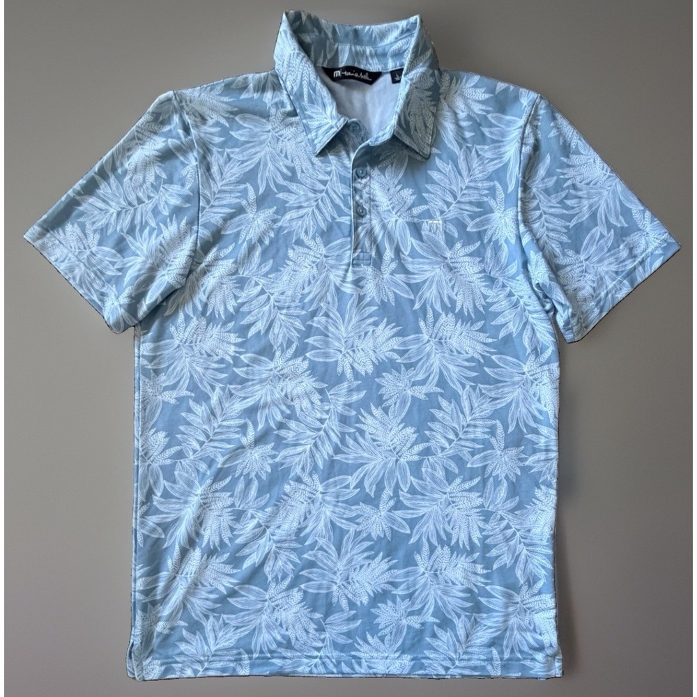 Travis Mathew Short Sleeve Polo Shirt Blue White Floral Theme Logo Large JBHS
